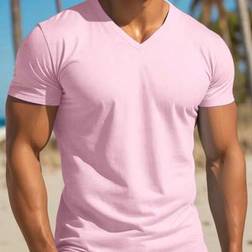 Shein Herren Einfarbiges V-Ausschnitt Kurzarm Lässig T-Shirt - Sommer