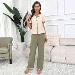 Shein Damen Rippenstoff Besetzter Einreihiger Kurzarm Top und Hose Pyjama Set - Loungewear