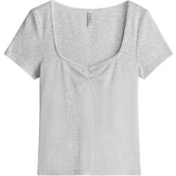 H&M Picot Trimmed T-shirt - Light Grey Marl