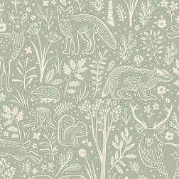 Grandeco Native Woodland Animals Nursery Textured Wallpaper Sage Green