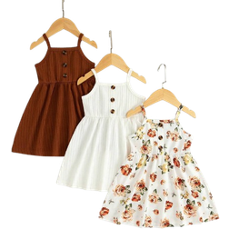 Shein Girls Floral Printed Solid Color Ribbed Buttoned Strap Dress ThreePiece Set