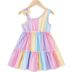Shein Toddler girls fashion gradient striped sleeveless slanted strap dress set, suitable for party, outing, casual, vacation, home wear, summer