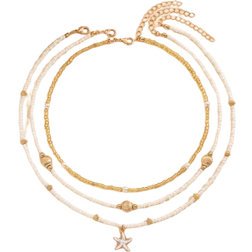 Shein 3pcs/Set Rice Bead Faux Pearl Linked Gold Starfish & Shell Necklace, Handmade Minimalist Jewelry For Women, Suitable For Daily Wear And Beach Vacation