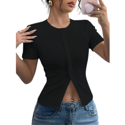Shein Gloray Sexy Slim Fit Round Neck Solid Decoration Shirt-Hem Crop Top