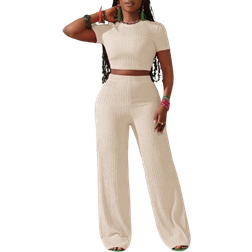 Shein Slaydiva New Casual Basic Sports Style Spring And Summer Round Neck Short-Sleeved Truncated T-Shirt + Wide-Leg Super Long Pants Rose Red Striped Texture Knitted Fabric Women's Two Pieces Set-I
