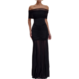 Meshki Caspian Slinky & Mesh Off Shoulder Maxi Dress - Black