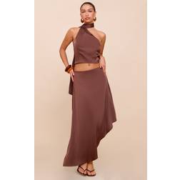 PrettyLittleThing Satin Asymmetric Midi Skirt - Dark Brown