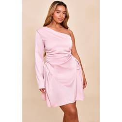 PrettyLittleThing Shape Satin Ruched One Shoulder Skater Mini Dress - Pink