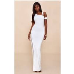 PrettyLittleThing Double Layer Slinky Ruched Shoulder Maxi Dress - White