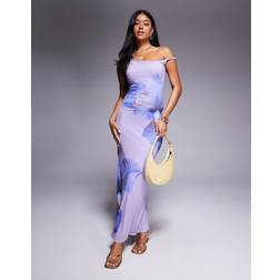 Kaiia Exclusive Double Layered Slinky Mesh Floral Shoulder Dress - Lilac Purple