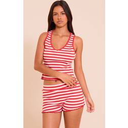 PrettyLittleThing Petite Red Stripe Ribbed V Neck Vest Top - Red Stripe