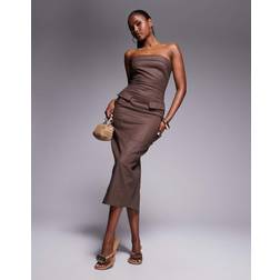Kaiia Linen Look Tailored Fold Over Bandeau Pocket Detail Midaxi Dress - Chocolate Brown