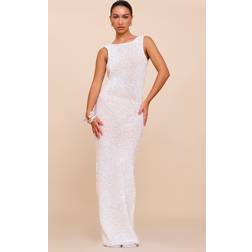PrettyLittleThing Cream Sequin Knit Scoop Back Maxi Dress - White