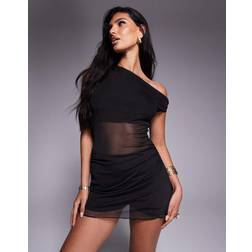 MissyEmpire One Shoulder Mesh Insert Lettuce Edge Hem Mini Dress - Black