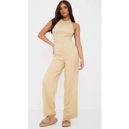 PrettyLittleThing Textured Halterneck Low Back Jumpsuit - Camel