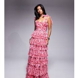 Lace & Beads Petite Bow Shoulder Tiered Tulle Maxi Dress Red Floral