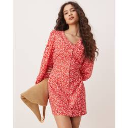 Glamorous Long Sleeve Button Up Tea Dress - Red Ditsy Floral