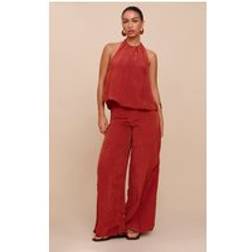 PrettyLittleThing Rust Crinkle Satin Halterneck Overlay Jumpsuit - Orange