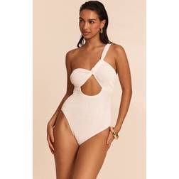 PrettyLittleThing Crinkle One Shoulder Cut Out Swimsuit - White