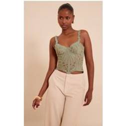 PrettyLittleThing Strappy Textured Sheer Floral Lace Corset - Sage Green