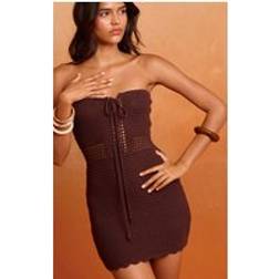 PrettyLittleThing Chocolate Crochet Knit Bandeau Front Tie Mini Dress