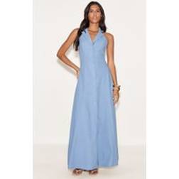 PrettyLittleThing Button Down Collar Detail Maxi Dress - Light Blue
