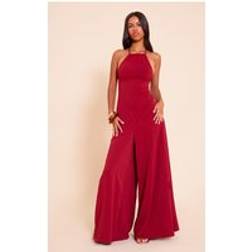 PrettyLittleThing Petite Floaty Woven Backless Extreme Wide Leg Jumpsuit - Deep Red