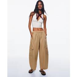 Bershka Cotton Barrel Cargo Trousers - Beige