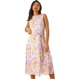Roman Floral Print Pleat Neck Midi Dress - Pink