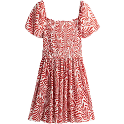 H&M Smocked Bodice Crinkled Dress - White/Red patterned
