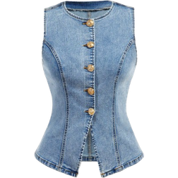 Shein Women's Casual Washed Button Front Sleeveless Denim Shirt