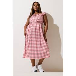 Yours Curve Red Gingham Bardot Frill Midaxi Dress - Red