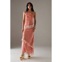 Warehouse Devore Fringe Detail Midi Skirt - Pink