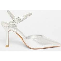 Quiz Silver Diamante Strap Court Heels - Grey