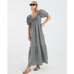 River Island Petite Black Gingham V Neck Frill Midi Dress - Black