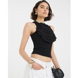 River Island Womens Sleeveless 3D Floral Ruffle Tank Top - Black