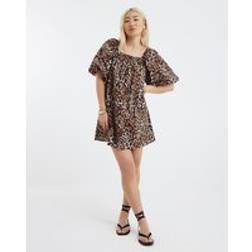 River Island Womens Brown Leopard Print Puff Sleeve Mini Dress - Brown