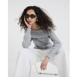 River Island Womens Long Sleeve Bardot Knitted Top - Grey