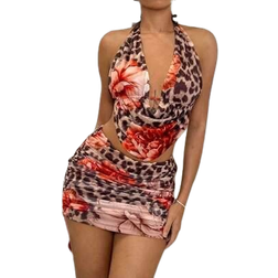 Shein BAE Summer Beach Vacation Leopard Flower Pattern Print Swing Collar Top Suit Skirt Suit, Suitable For Daily Dating, Night Out, Nightclub, Party, Party, Cocktail Party, Pool Party, Back To School Season Clothing, School Season, Holiday Clothing, Music Festival Clothing Country Music Festival Clothing Concert Clothing