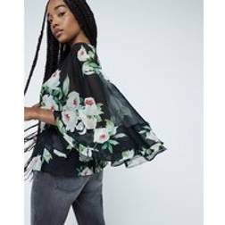 River Island Floral Long Sleeve Ruffled Top - Black