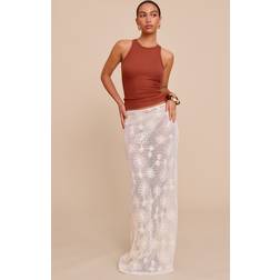 PrettyLittleThing Beige Flower Detail Sheer Maxi Skirt - Camel