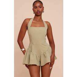 PrettyLittleThing Sage Halter Neck Drop Waist Floaty Playsuit - Sage