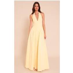 PrettyLittleThing Lemon Woven Halterneck Plunge Midaxi Dress - Lemon