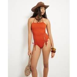 River Island Lace Up Bandeau Swimsuit - Orange