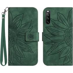 GANGXUN Green Case For Sony Xperia 10 III Lite Embossed Sunflower Luxury PU Leather Flip Wallet Phone Case