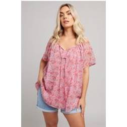 Yours Floral Tie Neck Pintuck Blouse - Light Pink