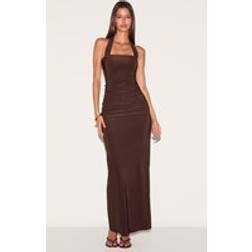 PrettyLittleThing Double Layer Slinky Square Halterneck Drape Detail Maxi Dress - Chocolate