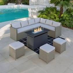 HOME DETAIL Kavos Corner Garden Rattan Sofa with Fire Pit Table Grey One Size Outdoor Lounge Set
