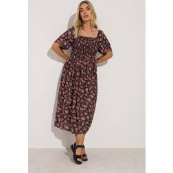 Yours Midaxi Jurk Met Bloemenmotief En Vierkante Hals - Zwart/Rood