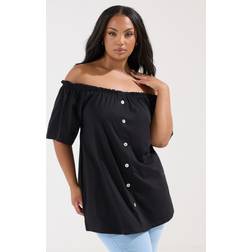 Yours Button Front Frill Bardot Top - Black